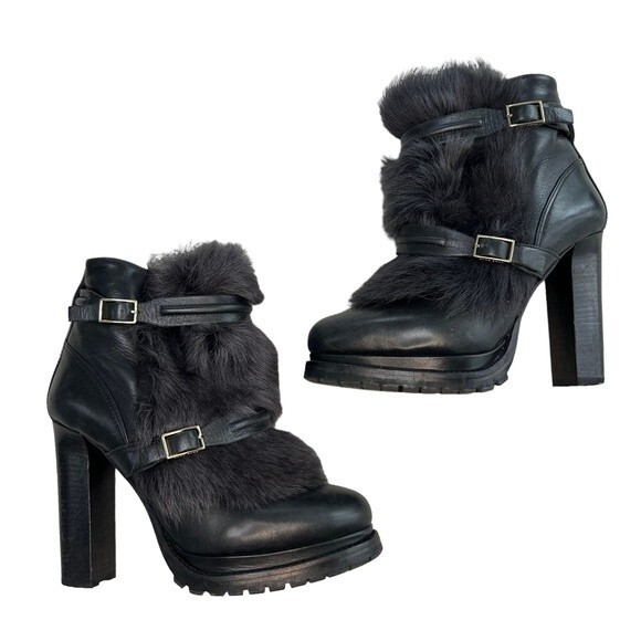 BOSS HUGO BOSS One of a Kind Rabbit Fur Lined Heeled Combat Boots Booties EU 37 - Picture 1 of 9